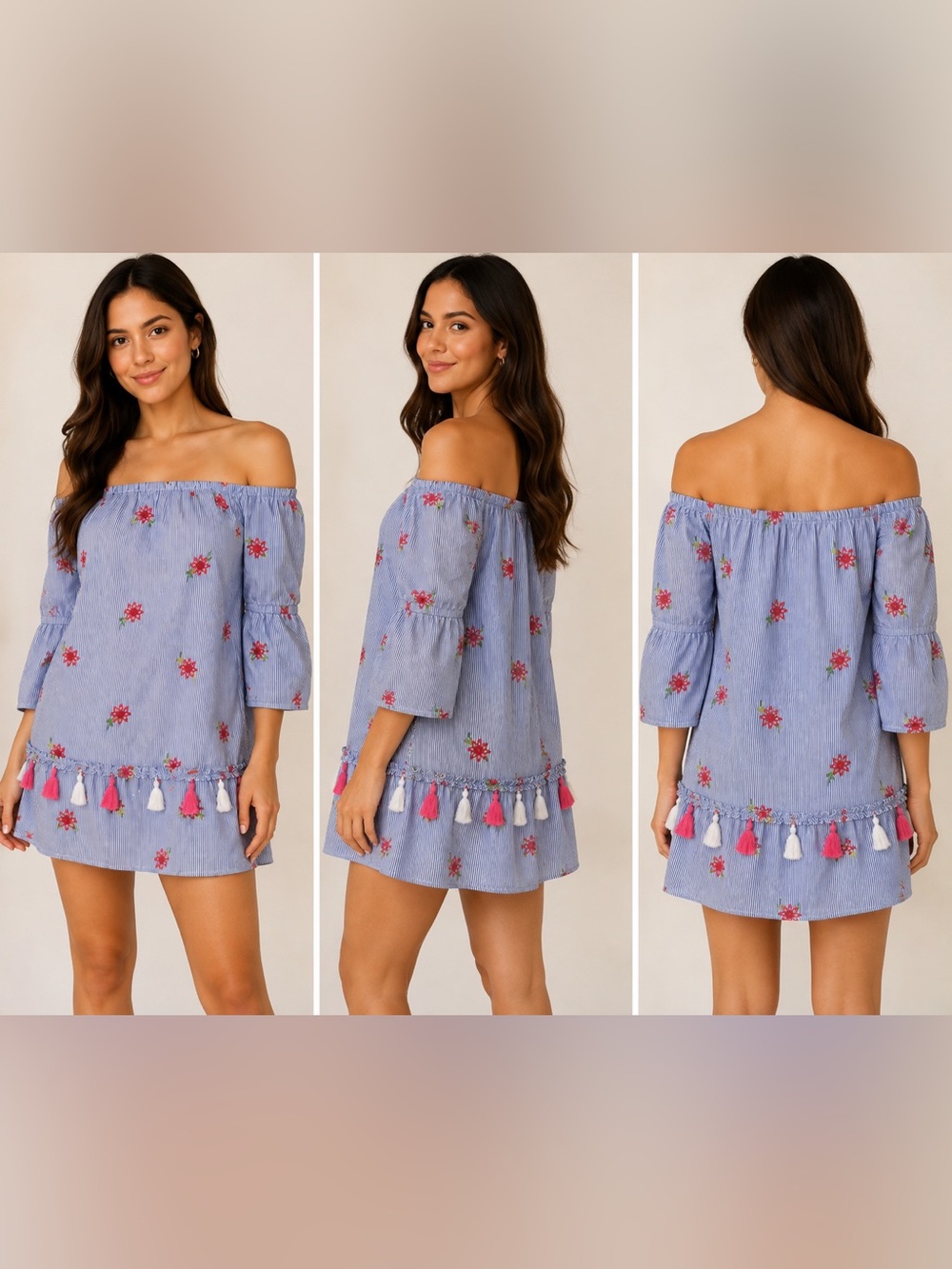The Impeccable Pig Off Shoulder Striped Floral Embroidered Tassel Dress L